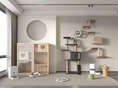 Modern Cat Room With Wooden Cat Tree Wall Mounted Shelves Cat House And Toys 3d model