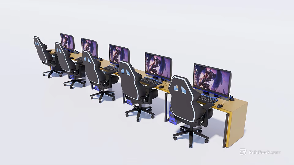 Functional Gaming Desks With Multiple Monitors And Black Ergonomic Chairs 3d model