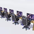 Functional Gaming Desks With Multiple Monitors And Black Ergonomic Chairs 3d model