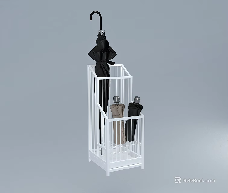 White Metal Umbrella Stand With Black And Beige Umbrellas For Home Storage 3d model 