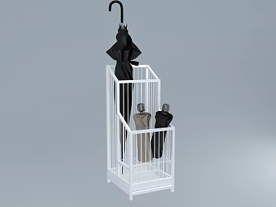 White Metal Umbrella Stand With Black And Beige Umbrellas For Home Storage 3d model