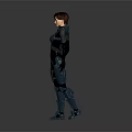 Futuristic Sci Fi Female Character in Blue Black Tech Armor Standing Against Gray Background