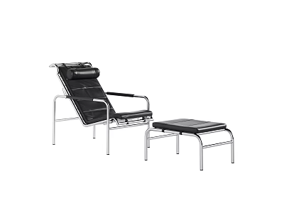 Stylish Black Leather Lounge Chair With Metal Frame And Matching Footstool 3d model