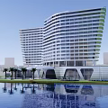Modern Hotel Building with Glass Facade High Rise Surrounded by Water Reflection and Palm Trees