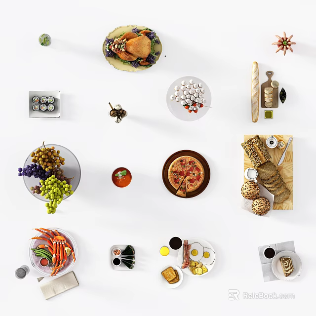 Assorted Foods Display with Pizza Burger Grapes Carrots Bread Sushi and Eggs 3d model 