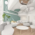 Modern Cafe Interior With Light Green Walls Gray Sofas And Round White Tables 3d model