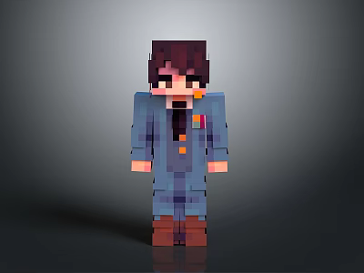 Pixel Art Character Figure With Blue Suit Brown Hair And Orange Bow Tie 3d model