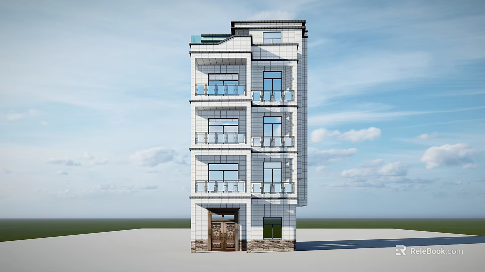 Modern Detached Villa Exterior With Multiple Balconies Large Windows And Wooden Door 3d model 