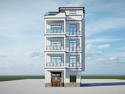 Modern Detached Villa Exterior With Multiple Balconies Large Windows And Wooden Door 3d model