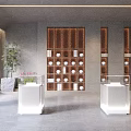Open Modern Exhibition Hall Interior With Wooden Decorative Wall White Display Counters And Green Plant