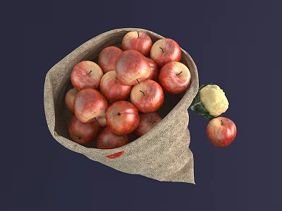 Fresh Red Apples in Burlap Sack with One Falling Down 3d model