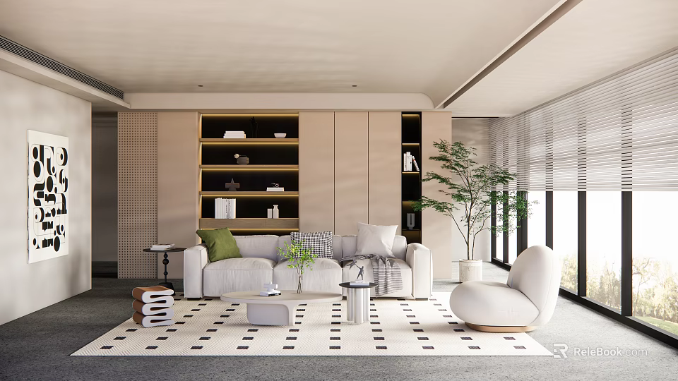 Modern Living Room Interior With Light Sofa Bookshelves Potted Plant Geometric Rug and Accent Chair 3d model 