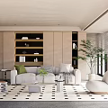 Modern Living Room Interior With Light Sofa Bookshelves Potted Plant Geometric Rug and Accent Chair