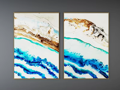 Abstract Painting With Blue Teal White And Golden Wavy Flowing Layers 3d model