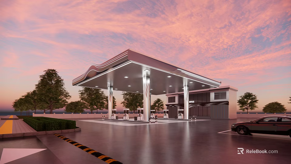 Modern Gas Station Exterior Design With Curved Canopy Sunset Sky And Trees 3d model 