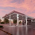 Modern Gas Station Exterior Design With Curved Canopy Sunset Sky And Trees