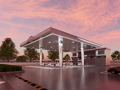 Modern Gas Station Exterior Design With Curved Canopy Sunset Sky And Trees 3d model