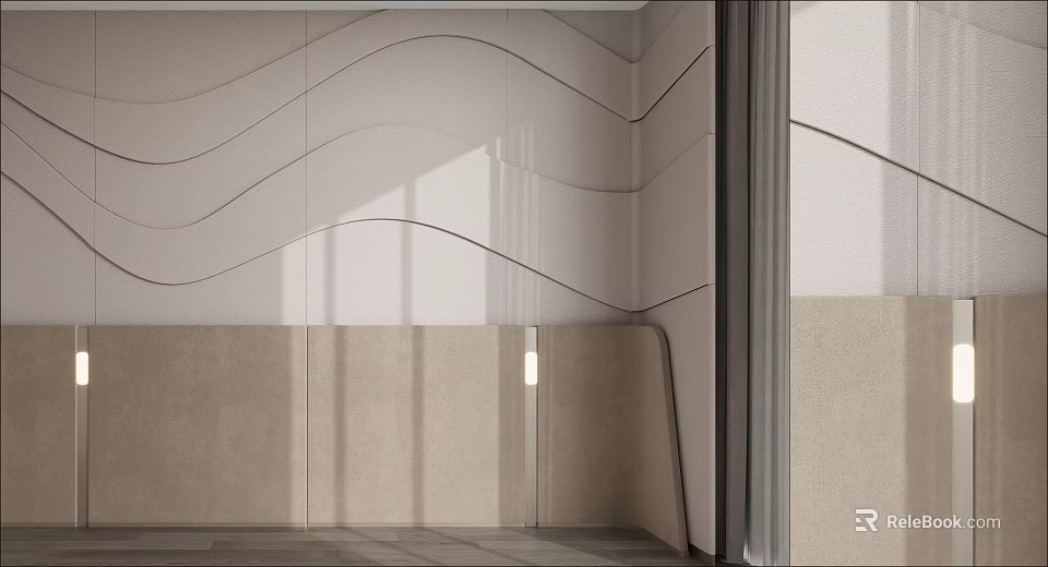 Modern Bed Accent Wall With Wavy Lines And Minimalist Lighting 3d model