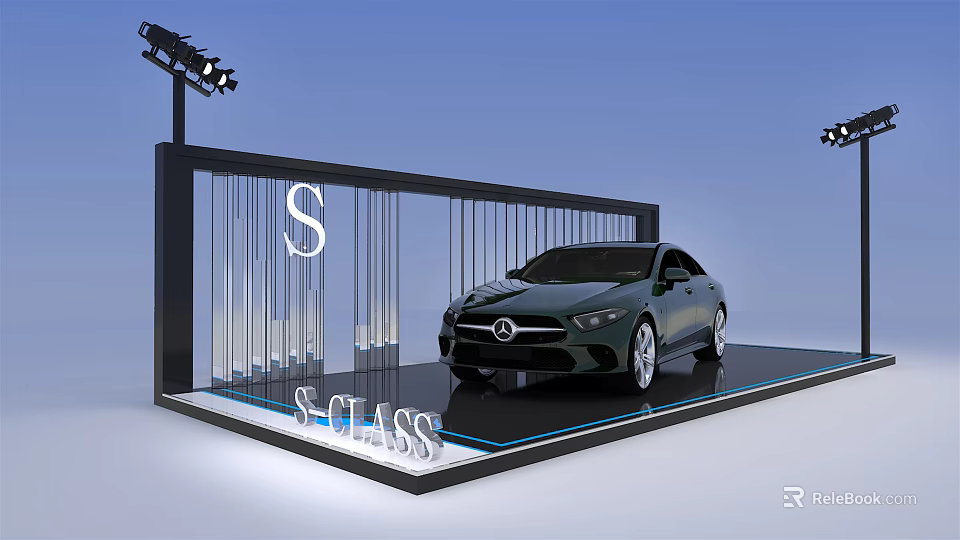 Premium Display Shelf with Glass Metal Frame Showcasing S CLASS Car under Lighting 3d model 