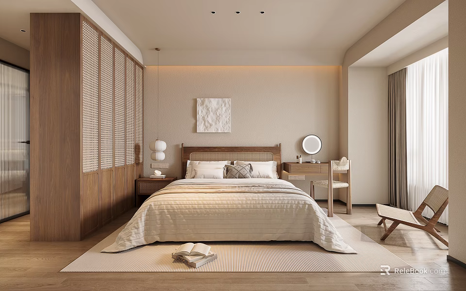 Modern Minimalist Bedroom Interior With Wooden Elements Beige Walls Decorative Painting And Dressing Table 3d model 