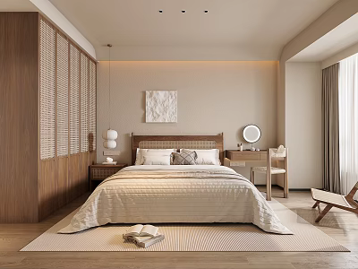 Modern Minimalist Bedroom Interior With Wooden Elements Beige Walls Decorative Painting And Dressing Table 3d model