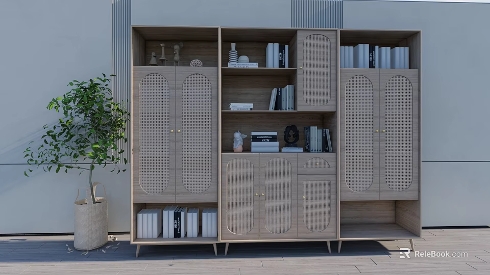 Modern Beige Bookcase With Wicker Doors Multiple Shelves Books And Decorative Items Beside Green Plant 3d model 