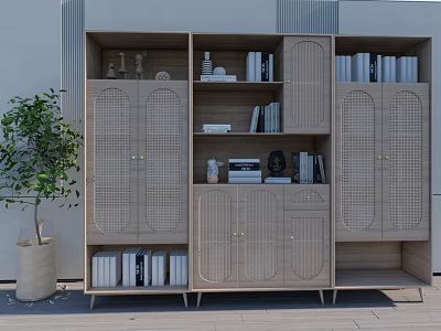 Modern Beige Bookcase With Wicker Doors Multiple Shelves Books And Decorative Items Beside Green Plant 3d model