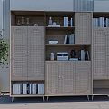 Modern Beige Bookcase With Wicker Doors Multiple Shelves Books And Decorative Items Beside Green Plant