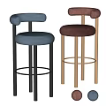 Modern Velvet Upholstered Bar Stools With Blue And Brown Seats And Metal Legs