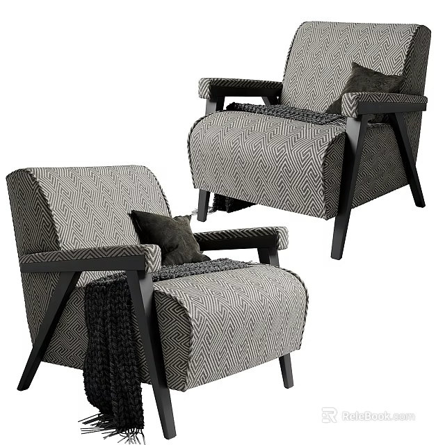 Modern Herringbone Fabric Armchair Design With Black Pillow And Wooden Legs Detail 3d model 