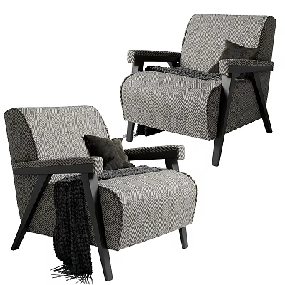Modern Herringbone Fabric Armchair Design With Black Pillow And Wooden Legs Detail 3d model