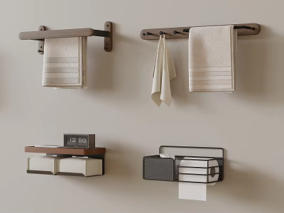Modern Bathroom Accessories With Wall Mounted Towel Racks Shelves Towels And Tissue Holders 3d model
