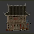 Traditional Chinese Wooden Architecture With Tile Roof Eaves Red Lanterns Bamboo Curtains And Blue Canopy