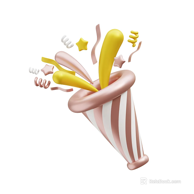 Decorative Ornament Set with Pink White Striped Cone Yellow Decorative Sticks Stars and Curly Ribbons 3d model 