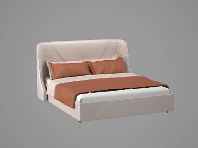 Modern Double Bed with Light Upholstered Headboard Diamond Stitching Brown Pillows and White Mattress 3d model