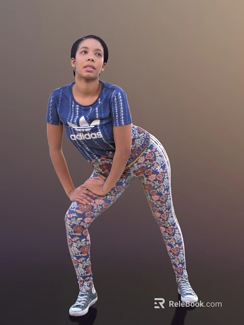 Stylish Woman Wearing Blue Adidas T Shirt And Floral Print Leggings Bending Forward 3d model 
