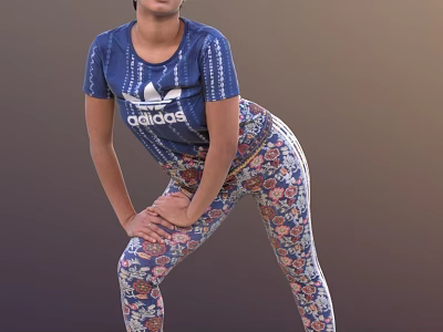 Stylish Woman Wearing Blue Adidas T Shirt And Floral Print Leggings Bending Forward 3d model