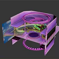 Purple Multi Layered Art Installation With Circular Rings And Rainbow Elements