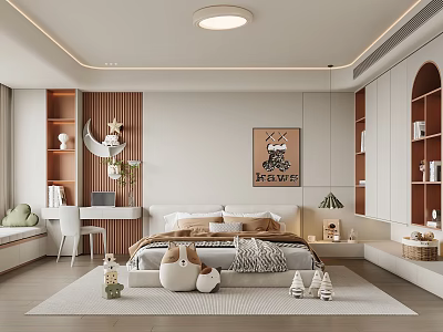 Cozy Kids Room Interior Design With Bed Stuffed Animals Bookshelf And Decorative Rug 3d model