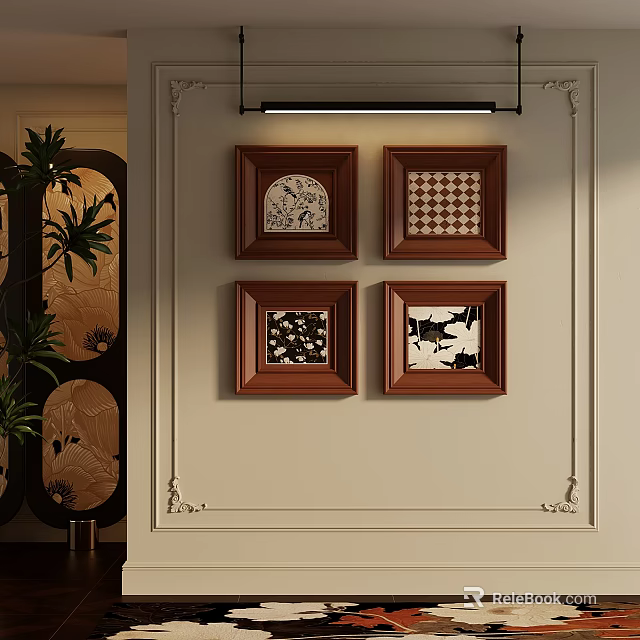 Four Abstract Paintings In Brown Wooden Frames For Wall Interior Decor 3d model
