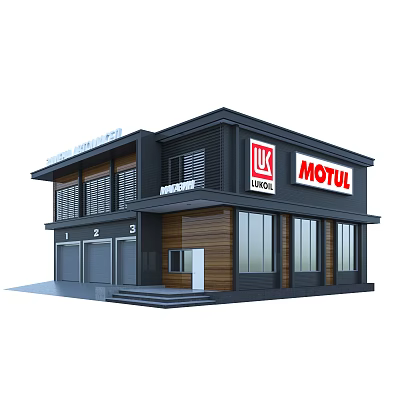 Modern Commercial Building For UK MOTUL Lubricant Shop With Black Wooden Facade And Garage Doors 3d model