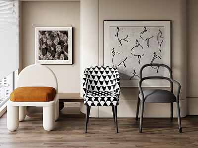 Modern Single Chairs with Diverse Designs Including White Orange Cushion Black White Geometric and Grey 3d model