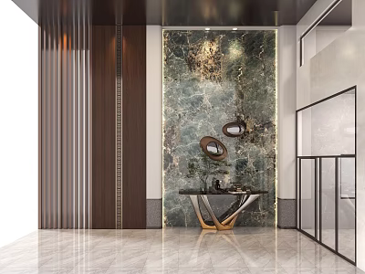 Modern Lobby Interior With Marble Wall Round Mirrors And Golden Stand Table 3d model