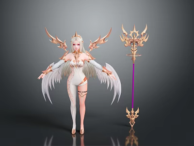 Elegant Fantasy Angel Character With Outstretched White Wings And Golden Ornate Staff 3d model