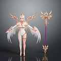 Elegant Fantasy Angel Character With Outstretched White Wings And Golden Ornate Staff