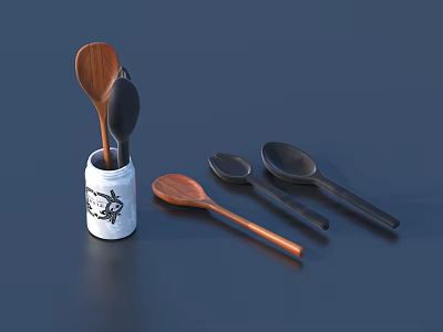 Wooden and Black Spoons Stored in White Patterned Jar for Kitchen Daily Use 3d model