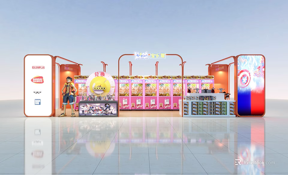Claw Machine Mall Store With Pink Machines Counter Display Shelves And Bright Cartoon Interior 3d model 