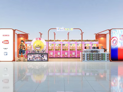 Claw Machine Mall Store With Pink Machines Counter Display Shelves And Bright Cartoon Interior 3d model