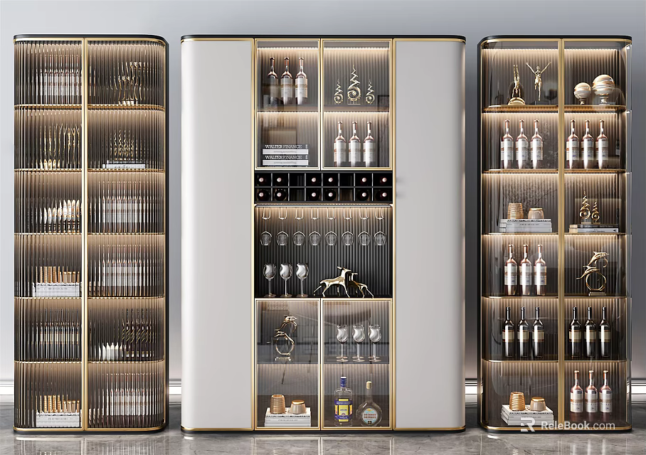 Elegant Modern Wine Cabinet Design With Glass Doors Wine Bottles And Decorative Items 3d model 
