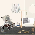 Cozy Nursery Room Interior With Crib Stroller Hanging Clothes Circular Wall Decor And Storage Basket